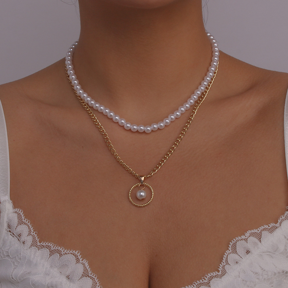 retro double-layer circle pearl pendant necklace
