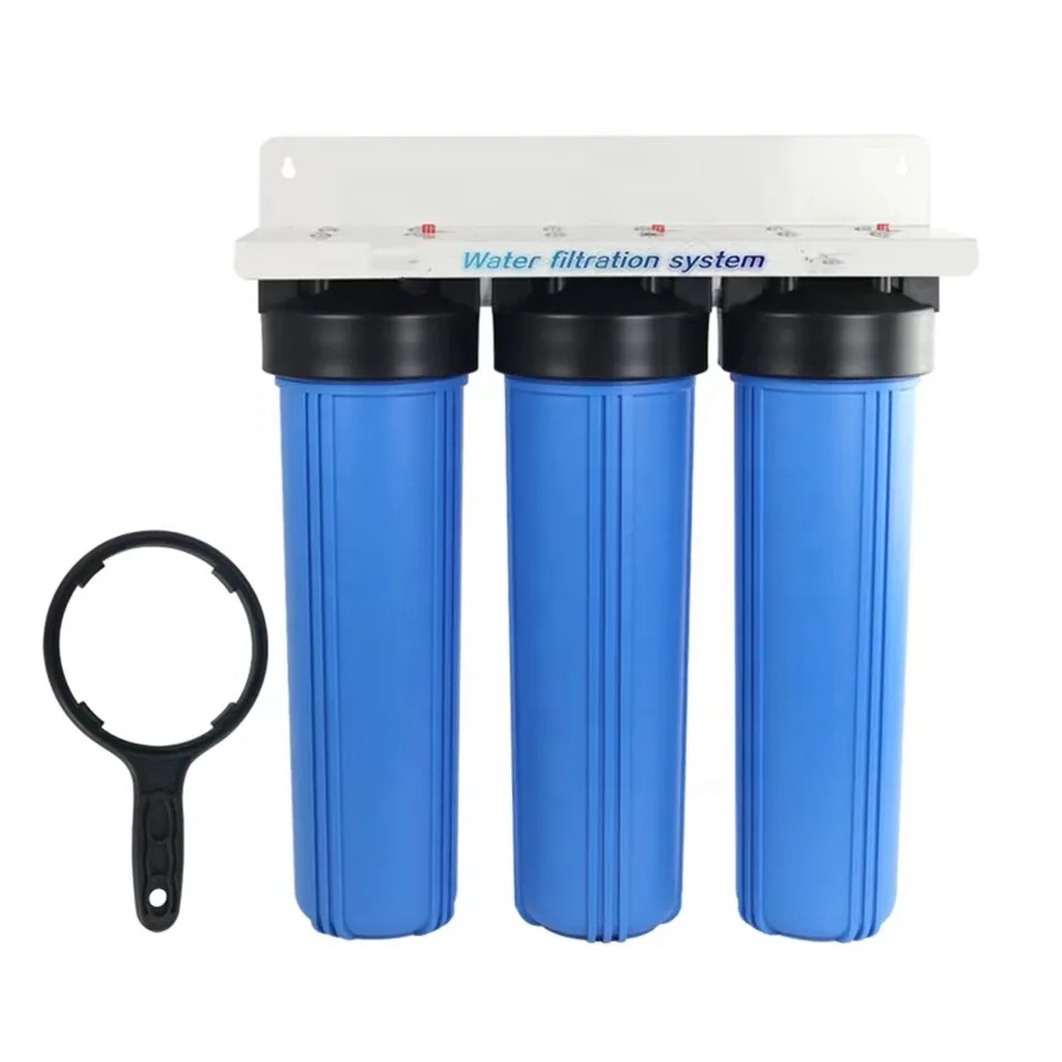 Purificador de agua del hogar comercial de 20 pulgadas de grasa grande botella azul de tres niveles de toda la Casa Gran grifo de agua del Filtro frontal de la tubería de agua