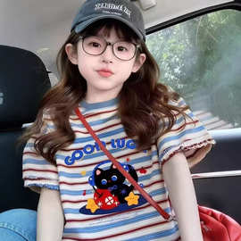 女童上衣2026夏季新款洋气男女童短袖T恤中大童休闲百搭条纹夏装