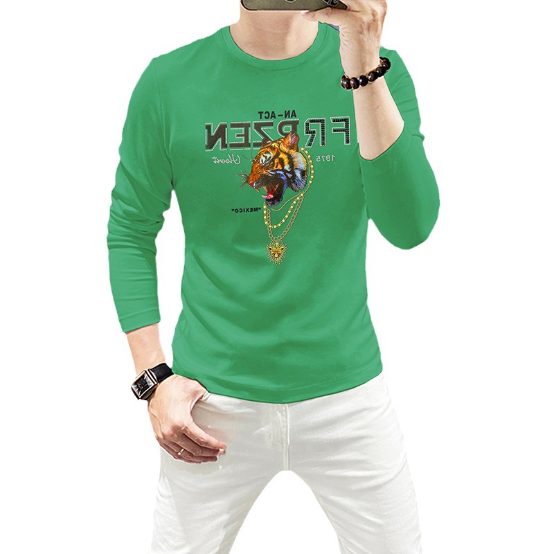 2024 Fashion Men's Spring Autumn Long Sleeve T-Shirt Tiger Head Rhinestone Men's Bottoming Shirt Round Neck Top Tees Breathable Trendy Shirt_voghion.com