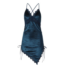 跨境金丝绒睡衣蕾丝拼接秋冬性感诱惑美背吊带睡裙家居服睡袍2001