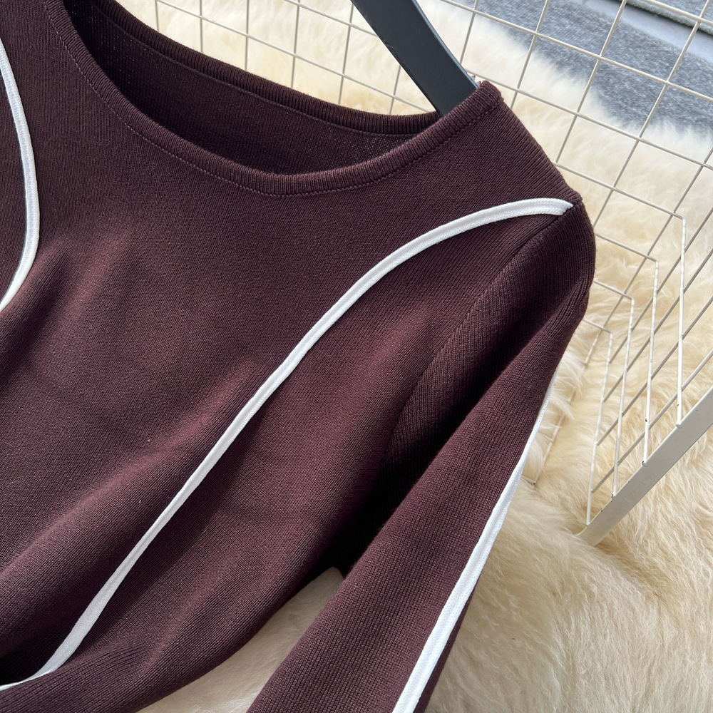 Women's Clothing High End Niche Fashion Women's Slim Long Sleeve Sweater Dress With Contrast Color Edge Stitching Waist Round Neck Style_ecoleips.com