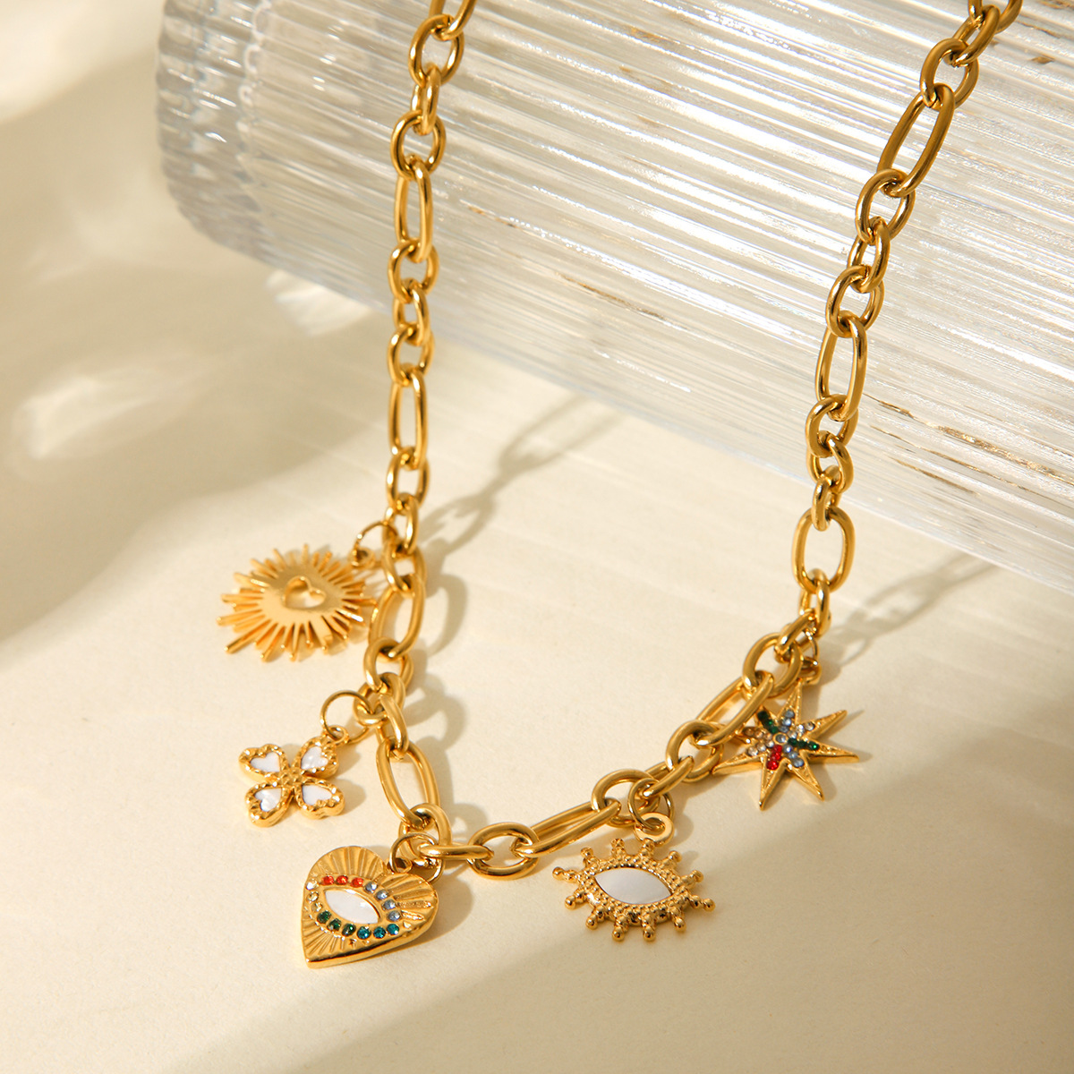 Holiday, Banquet, Selfie Occasion PVD Coated Real Gold Plated Star Heart Shape 304 Stainless Steel Casual Elegant Lady Waterproof Non Tarnish 304 Stainless Steel Multi Charms Necklace