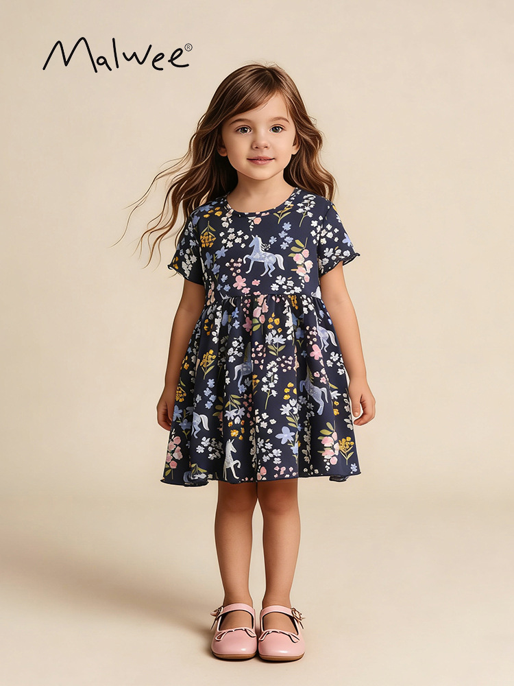 Malwee transfronterizo vestido de princesa de niña nuevo estilo lindo vestido de verano de niña de cuello redondo de manga corta vestido de niños europeos y estadounidenses