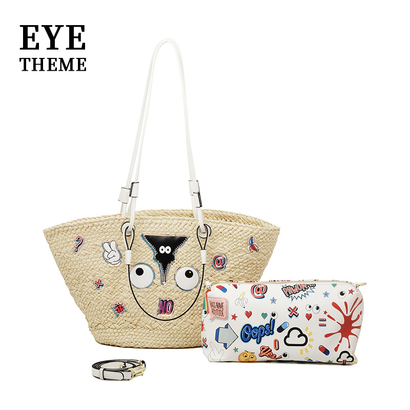 Bolsas de almacenamiento de gran capacidad de tela de paja personalidad de moda bolsas de impresión de dibujos animados en bolsas 2826 #