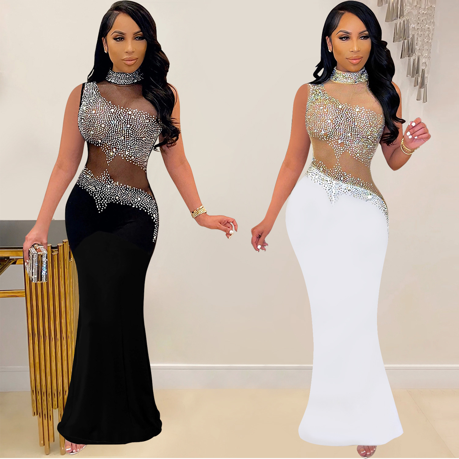 C7018 Aliexpress transfronterizo Amazon estación independiente de moda europea y americana ropa de mujer de malla de diamante caliente vestido sin mangas nuevo