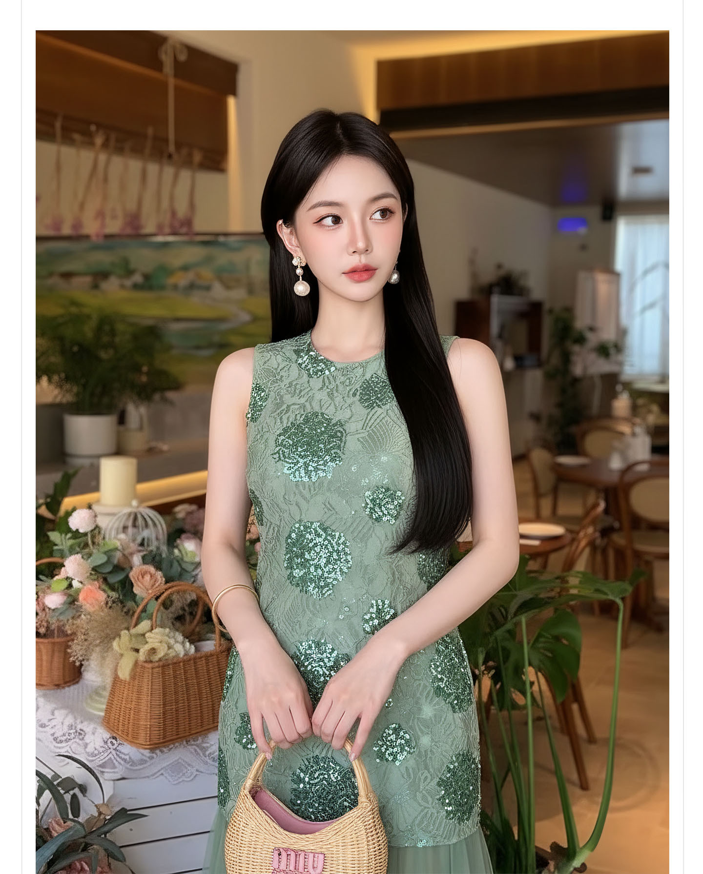 Đầm maxi nữ thắt eo họa tiết hoa nhí tay không cổ tròn — Xanh lá cây nhạtcolor chi tiết 2