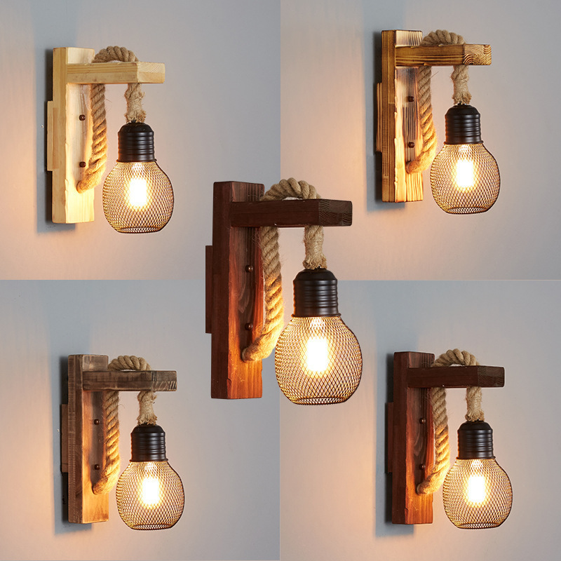 American Country Retro Cafe Industrial Style Aisle Decorative Lamps Restaurant Bar Creative Wood Art Solid Wood Wall Lamp