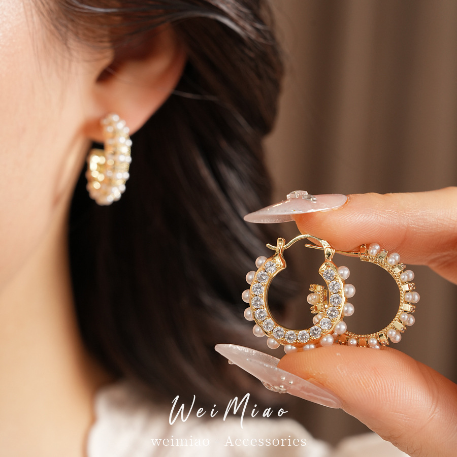 14k oro real chapado aguja de plata de diamante perla redonda perlas temperamento pendientes retro lujo ligero alta sensación de auriculares