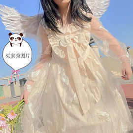 洛丽塔仙女裙子夏季日系软妹网纱蝴蝶结木耳花边羽毛连衣裙公主裙