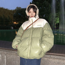 韓版牛油果綠pu皮棉服女學生冬季新款保暖面包服寬松撞色棉衣外套