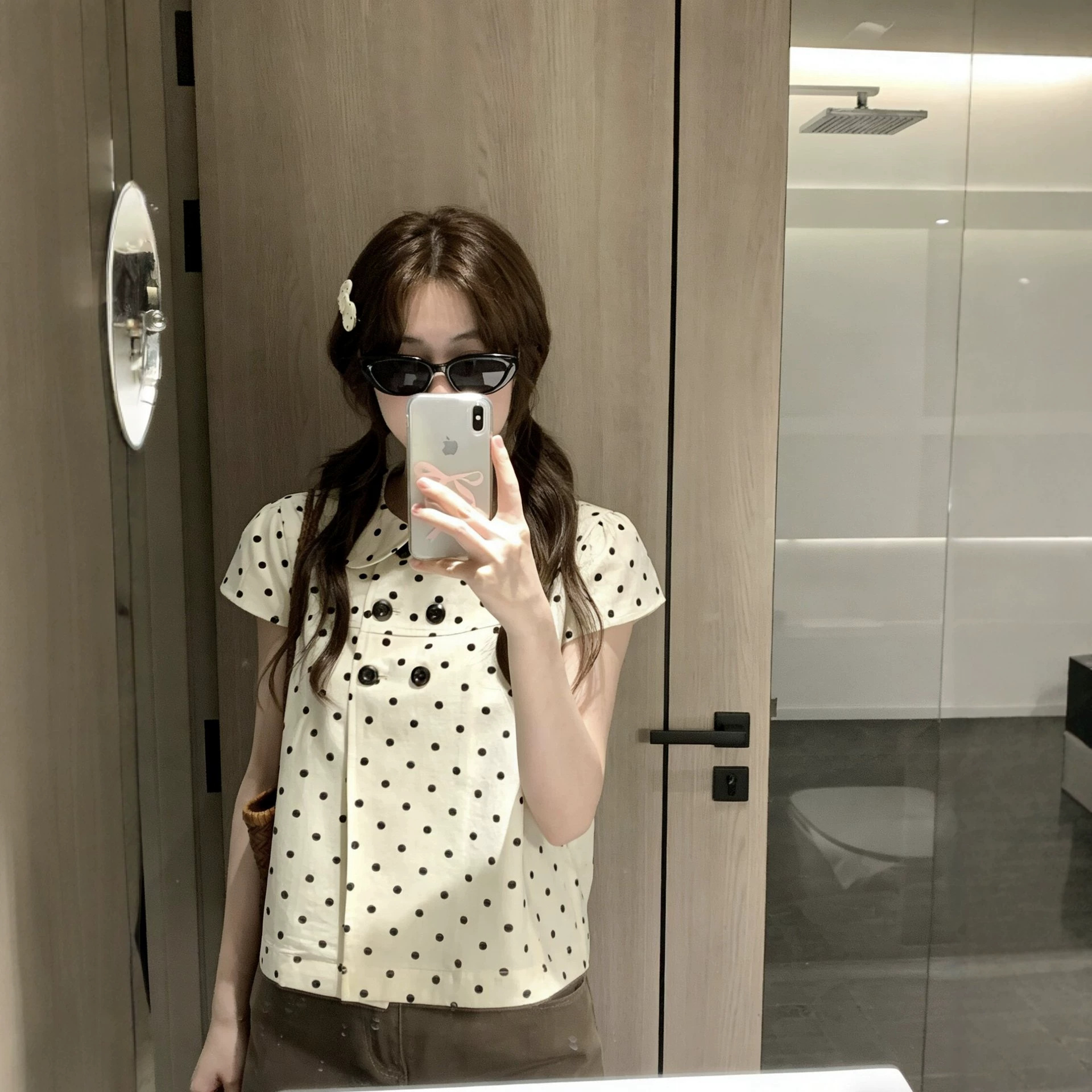 Kumikumi Sweet Polka Dot Age-Reducing Peter Pan Collar Short-Sleeve Shirt Women's Summer Slimming Versatile Chic Top