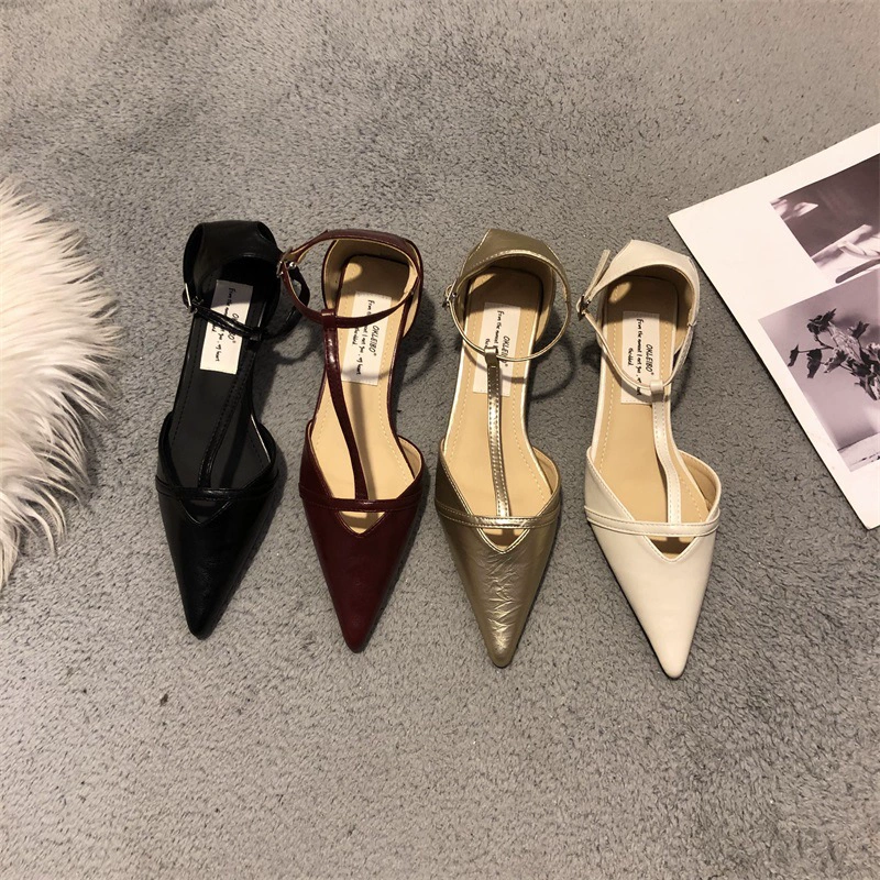 Элегантные закрытые босоножки с заострённым носком в корейском стиле, весна/лето 2024, на щиколотке, на каблуке-шпильке, маленькие кожаные туфли.