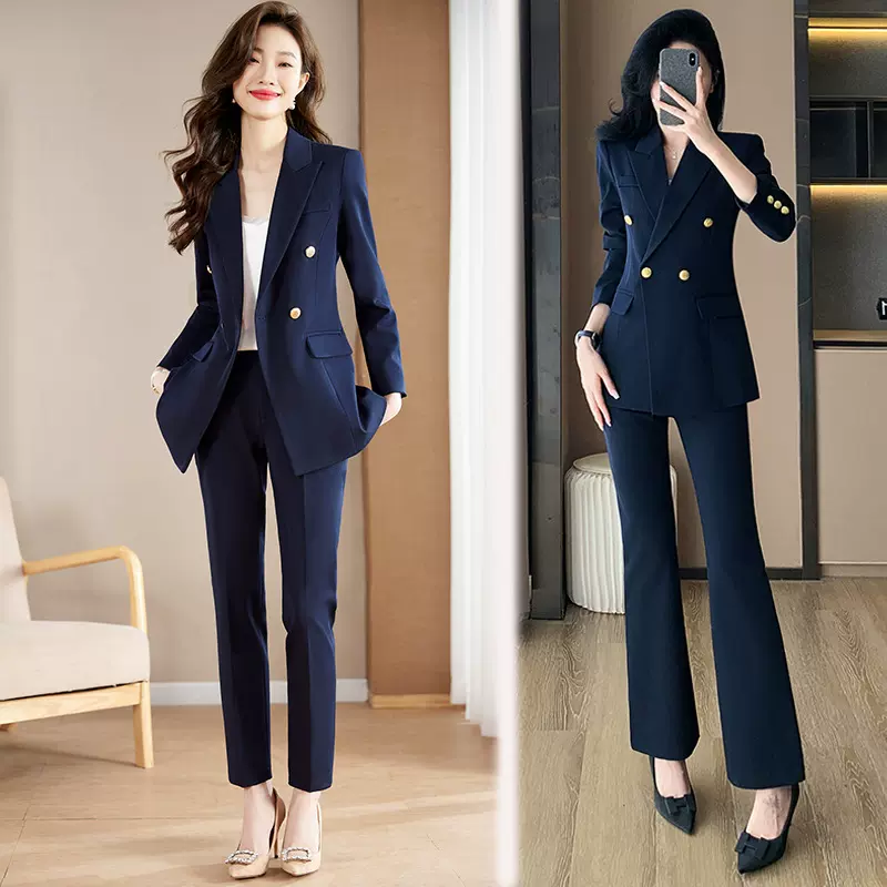 跨境2025年春季长袖灰色西装领外套女裤子两件套装职业装商务时尚
