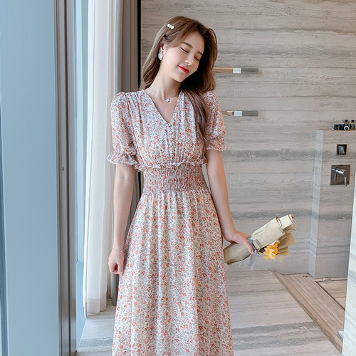 Puff sleeves sweet forest chiffon dress mid-length dress bubble chiffon summer high waist new French style