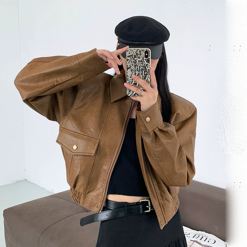 黒 PU レザージャケット女性のための 2025 冬のファッション多用途デザインラペルショート長袖オートバイジャケット|undefined
