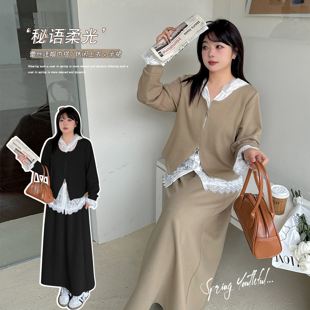 春  XL-5XL 大きいサイズ レースブラウス ジャケット＆スカートの上下セット