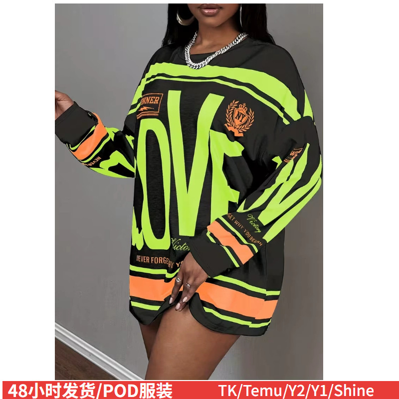 2026 Cross-Border Aliexpress Shein Dropshipping Round Neck T-Shirt 3D Printed Long Sleeve Plus Size Women's Clothing Supports Pod