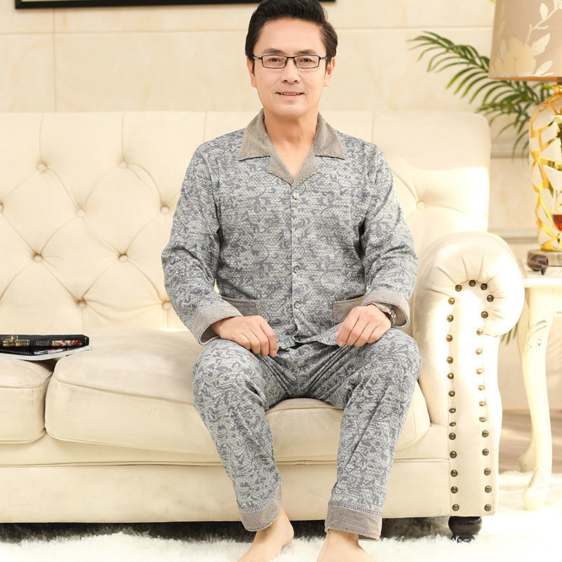 Pijamas de mediana edad y ancianos para hombres de primavera y verano 100% algodón de manga larga más tamaño cardigan Delgado traje de homewear