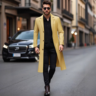 Men's Slim Fit Spring and Autumn European and American New Style Extended Over-The-Knee Woolen Trench Coat Casual Sports Classic Elegant Solid Color Outerwear
