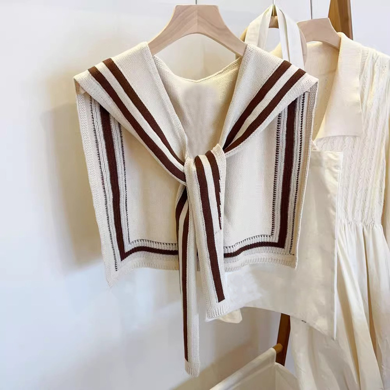 Navy-Style Knitted Shawl for Women, Spring and Autumn Decorative Vest, Warm Neck Protector, Fake Collar, Knotted Shoulder