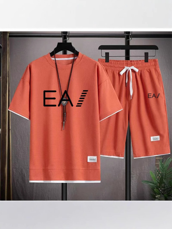 ワッフル半袖夏の Tシャツメンズカジュアルスポーツスーツ卸売ルーズフェイクツーピース半袖 Tシャツツーピースセット|undefined