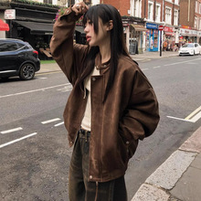 韩国chic秋冬新品韩版半高领拉链设计麂皮绒宽松长袖帅气夹克外套