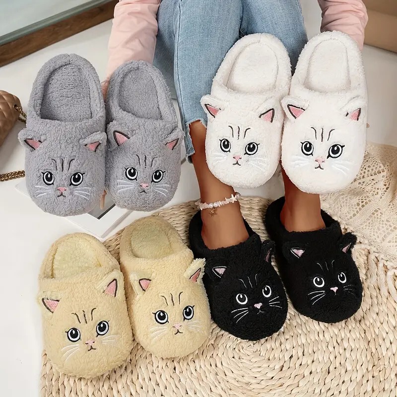 Cross-border cat-themed cotton slippers for women, autumn and winter indoor home use, soft-soled, non-slip, silent, warm, cartoon furry slippers