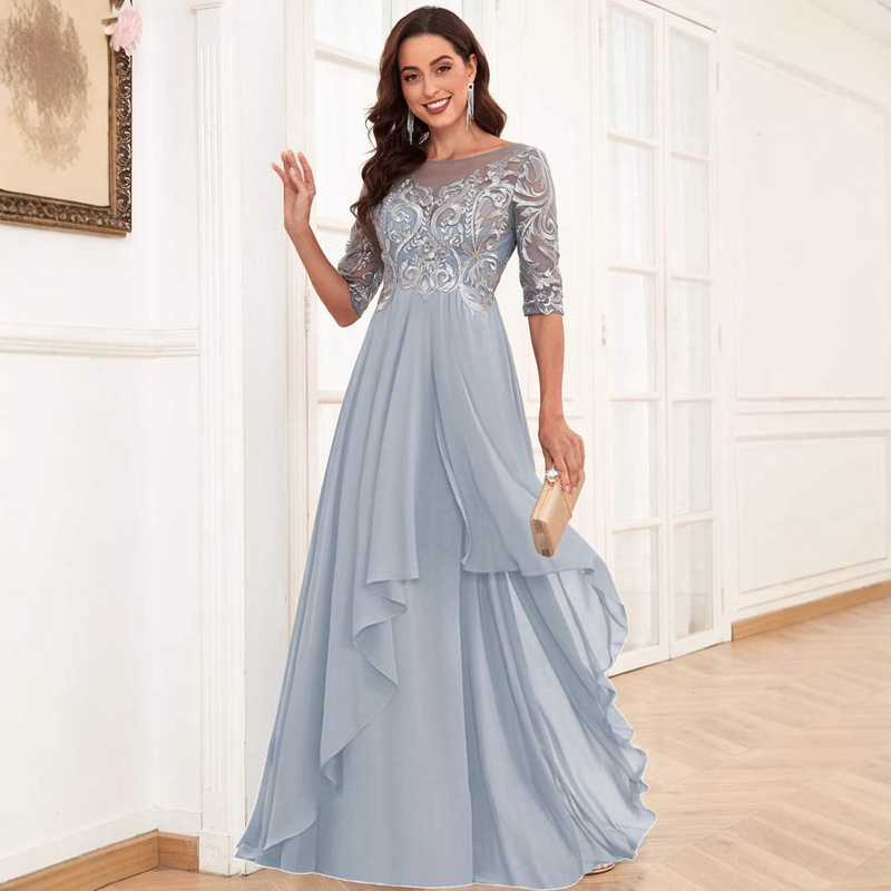 Amazon AliExpress foreign trade 2025 new evening dress mother long slim sleeve chiffon ball dress