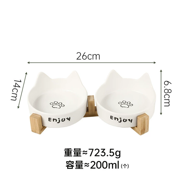[猫耳白色猫爪双碗+双木架]