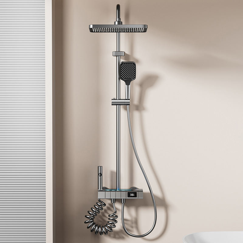 Fábrica transfronteriza ABS pistola gris 4 función presurizada calentamiento frío pantalla digital atmósfera lámpara ducha fuente de baño doméstico al por mayor