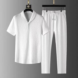 Ice Silk Linen suit Men's Summer plus size Casual Sports suit Men's Trendy Brand Thin Short-sleeved Cropped Pants Two-piece Set