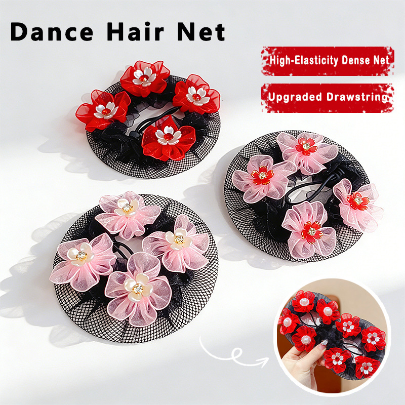 Children's Hair Net with Pearl Flowers, Children's Performance Festival Headwear, Cute and Sweet Bun Hair Styling Tool