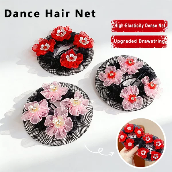 Children's Hair Net with Pearl Flowers, Children's Performance Festival Headwear, Cute and Sweet Bun Hair Styling Tool