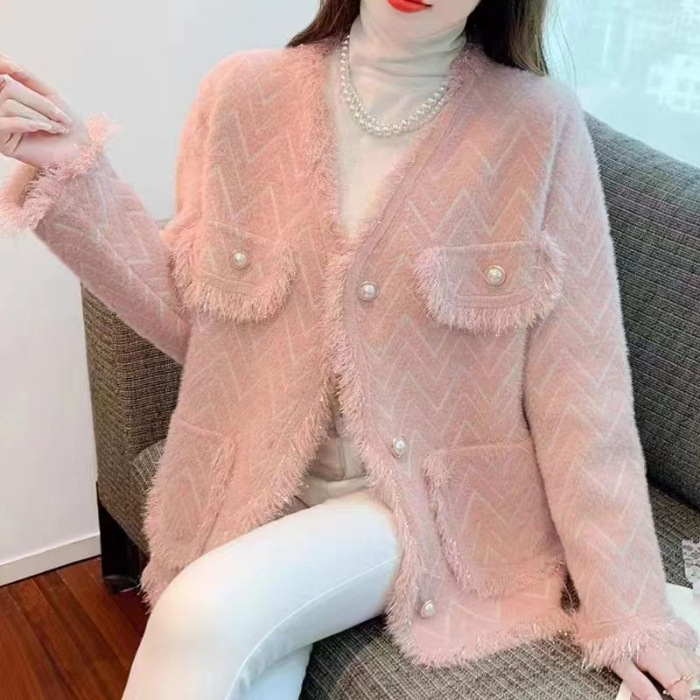 韩版流苏小香风仿水貂绒V领短外套女秋冬新款气质针织开衫上衣女