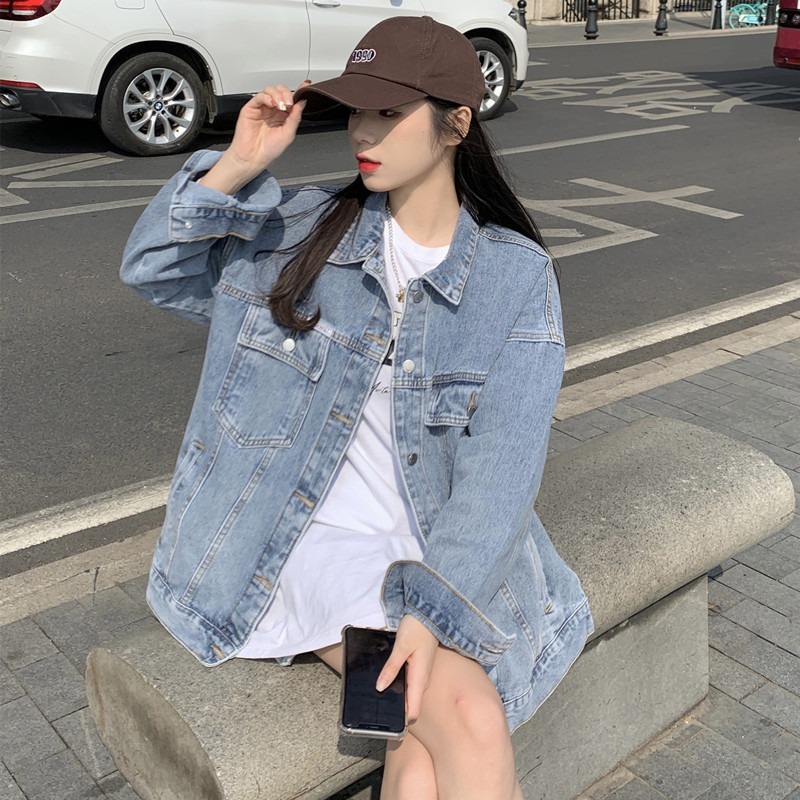 欧洲站春秋新款韩版宽松浅蓝色夹克宽松牛仔外套女上衣BF风慵懒风|undefined