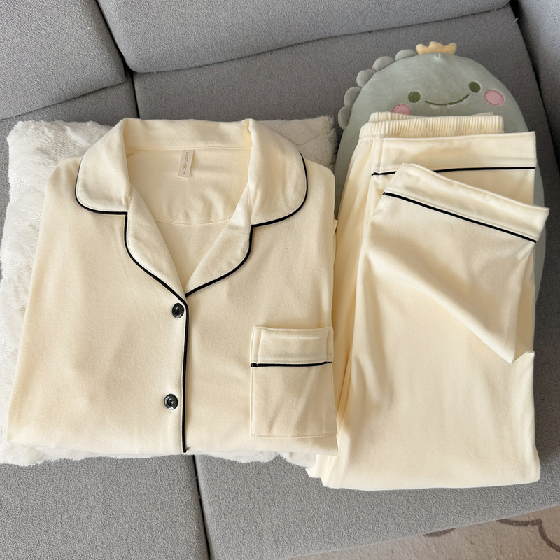 High-End Apricot Brushed Velvet Pajamas for Women, Autumn and Winter Coral Velvet Fleece-Lined and Thickeneded Simple Cardigan Home Clothes