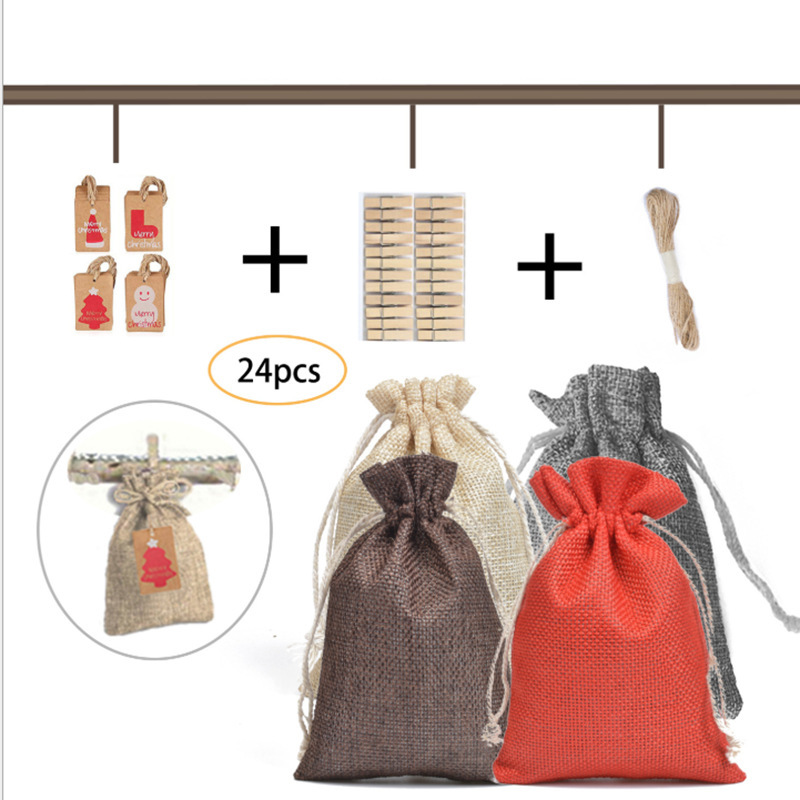 现货麻布束口袋 圣诞礼品袋 棉绳仿麻布袋24个吊牌套装小布袋批发