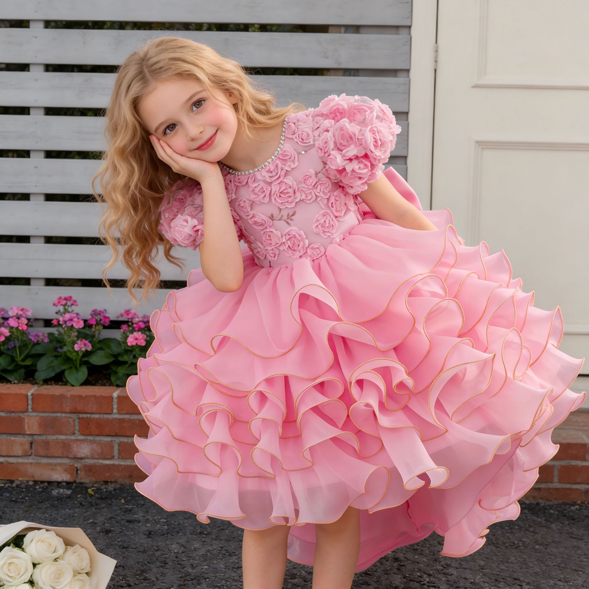 Vestido infantil europeo y americano burbuja mangas bordadas pastel de cola vestido princesa vestido de fiesta de cumpleaños vestido de flores en stock 8633