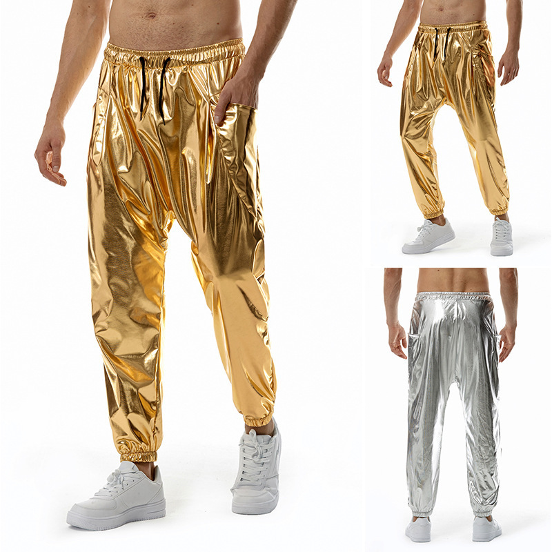 2023 Summer Foreign Trade New Men's Metal Shiny Jogging Pants European-size Men's Casual Loose Trousers