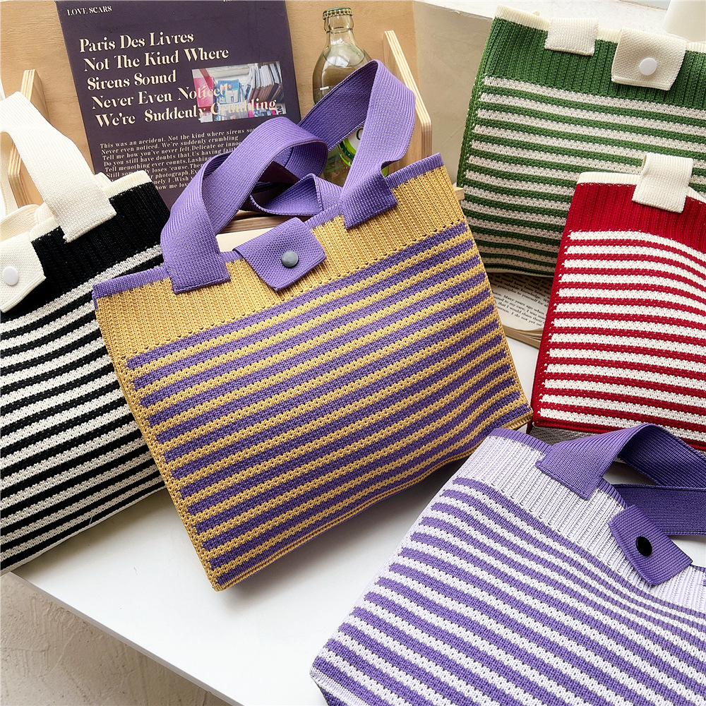202g Weight Polyester Lining Material Buckle Closure Type Double Shoulder Straps Strap Type Tote Bag Bags Type Daily, Shopping Occasion Knit Material Stripe Pattern All Seasons Season Women's Gender Classic Style Style Medium Size Women's Medium Knit Stripe Classic Style Buckle Tote Bag 1