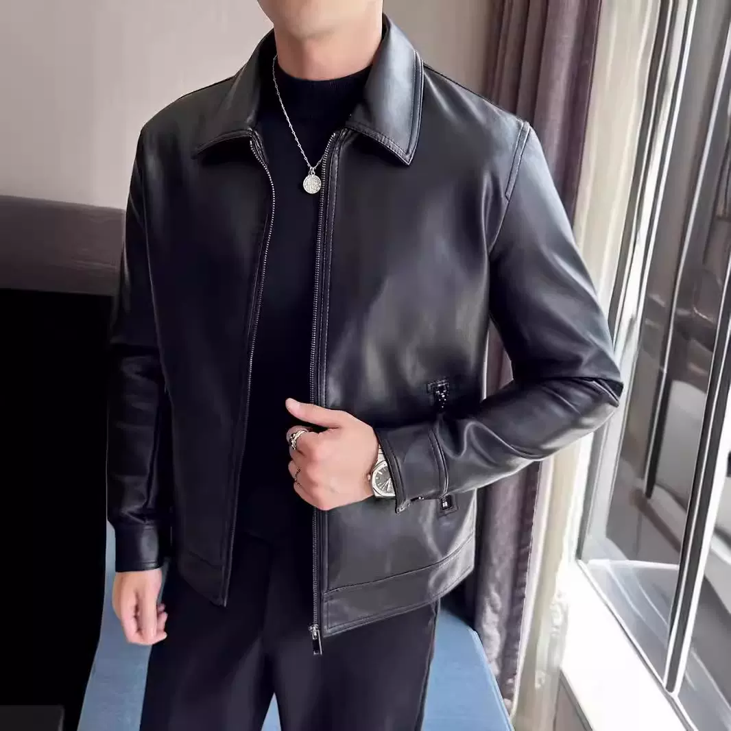 加棉男士pu皮衣夹克外套男装高级感潮流翻领修身帅气行政机车皮衣