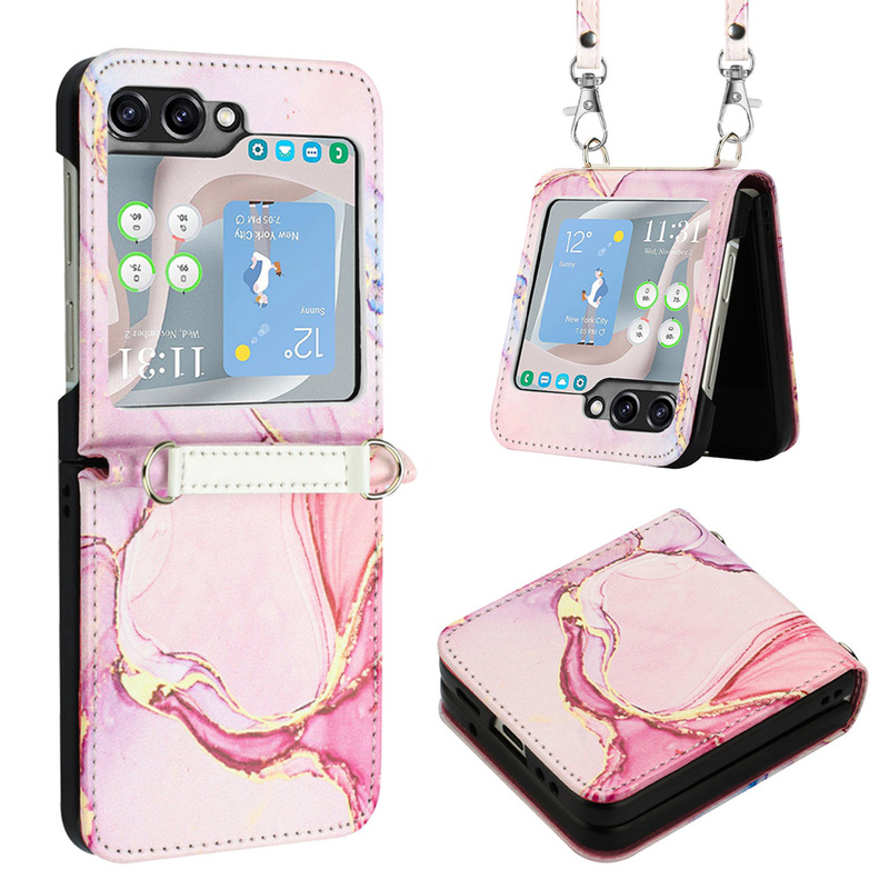 Applicable to Samsung Z Flip5 mobile phone leather case Samsung folding 5 generation marbling crossbody protective case