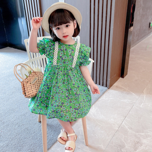 Girls floral dress summer green 2024 new style children's summer skirt princess short-sleeved baby girl