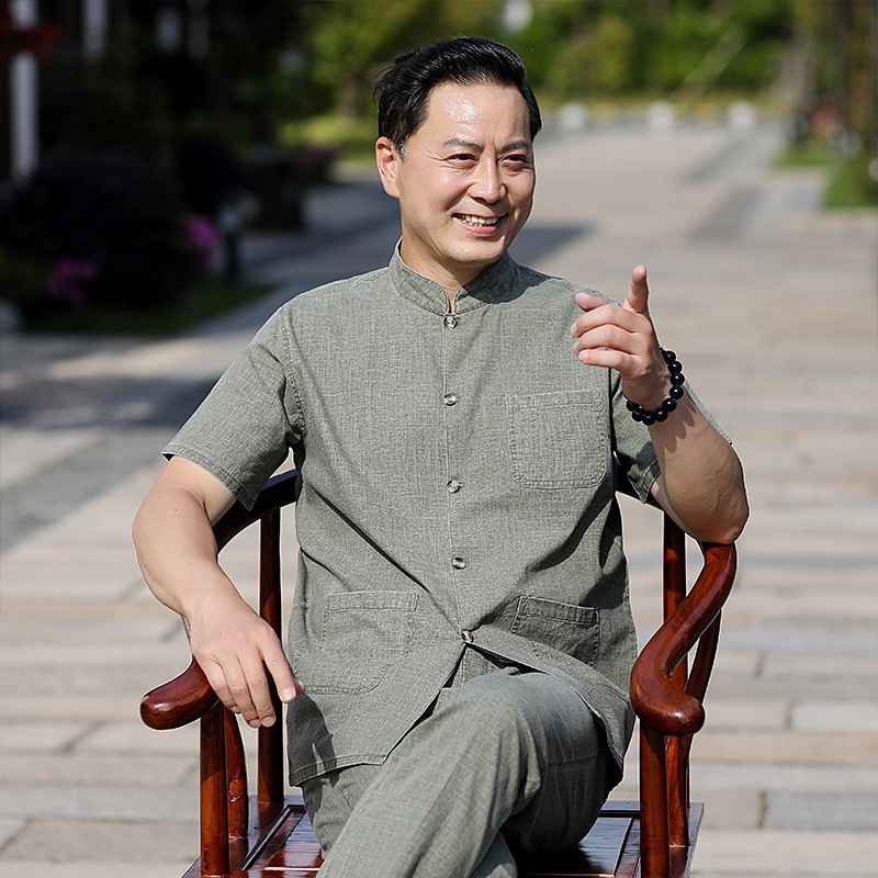 唐装男中国风夏装爸爸装短袖棉亚麻套装老人衣服男爷爷中老年宽松