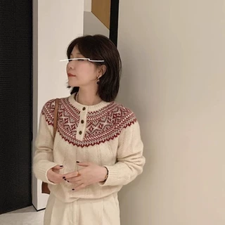 2026年秋冬新款拼色圆领半截扣纯羊毛针织衫套头洋气显瘦遮肉跨境