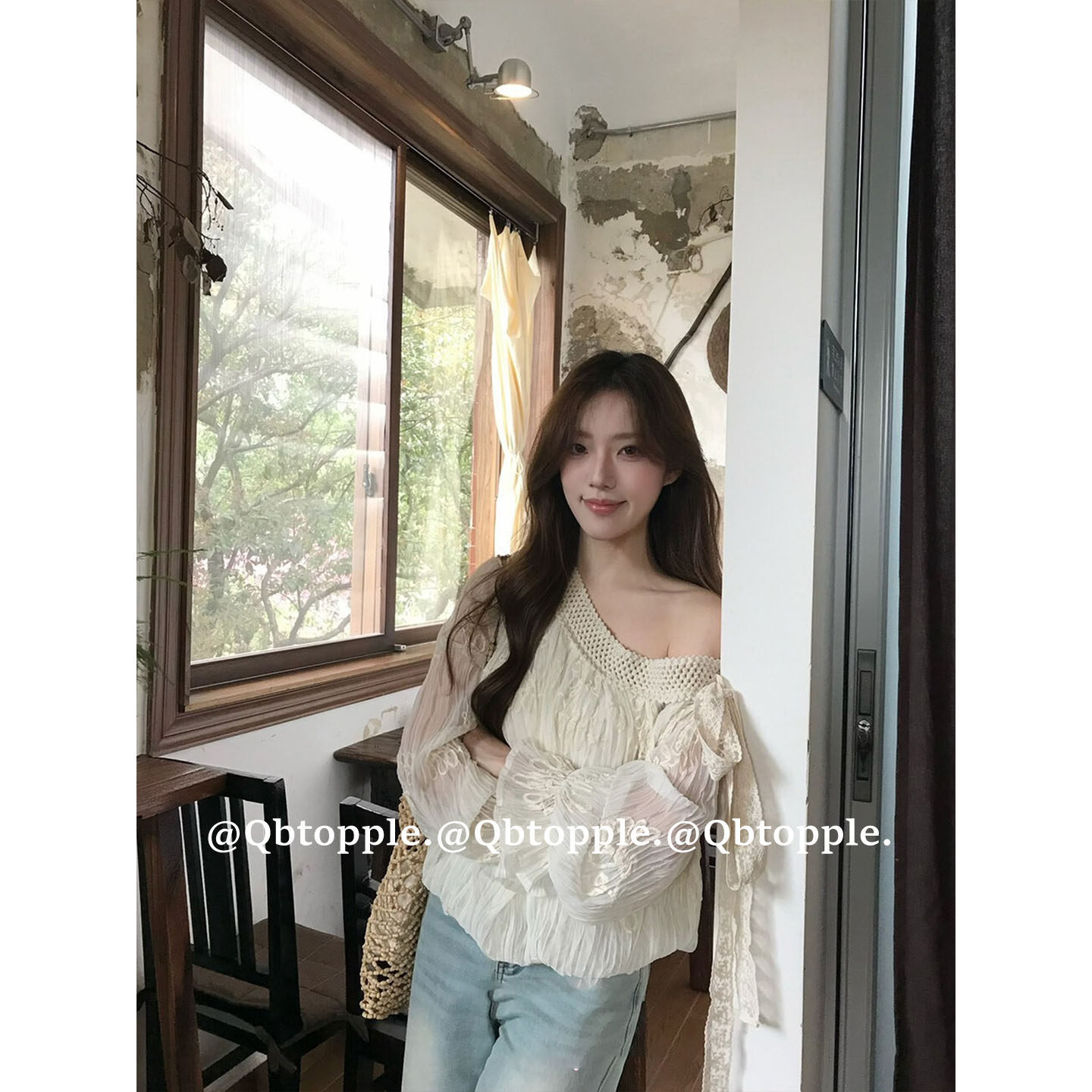 French-Style Asymmetrical Lace Textured Long-Sleeve Chiffon Shirt for Women, Spring and Summer, with Bow Tie, Thin Sun-Protective Top