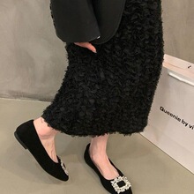 平底高级感方头水钻单鞋女鞋子202年春季新款黑色通勤上班工作鞋