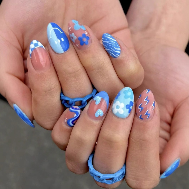 Blue Cute Flower Heart Manicure Blue Checkerboard Fake Nails Sky Blue Smiley Face Almond Nails Export Manicure Blue Cute Flower Heart Manicure Blue Checkerboard Fake Nails Sky Blue Smiley Face Almond Nails Export Manicure