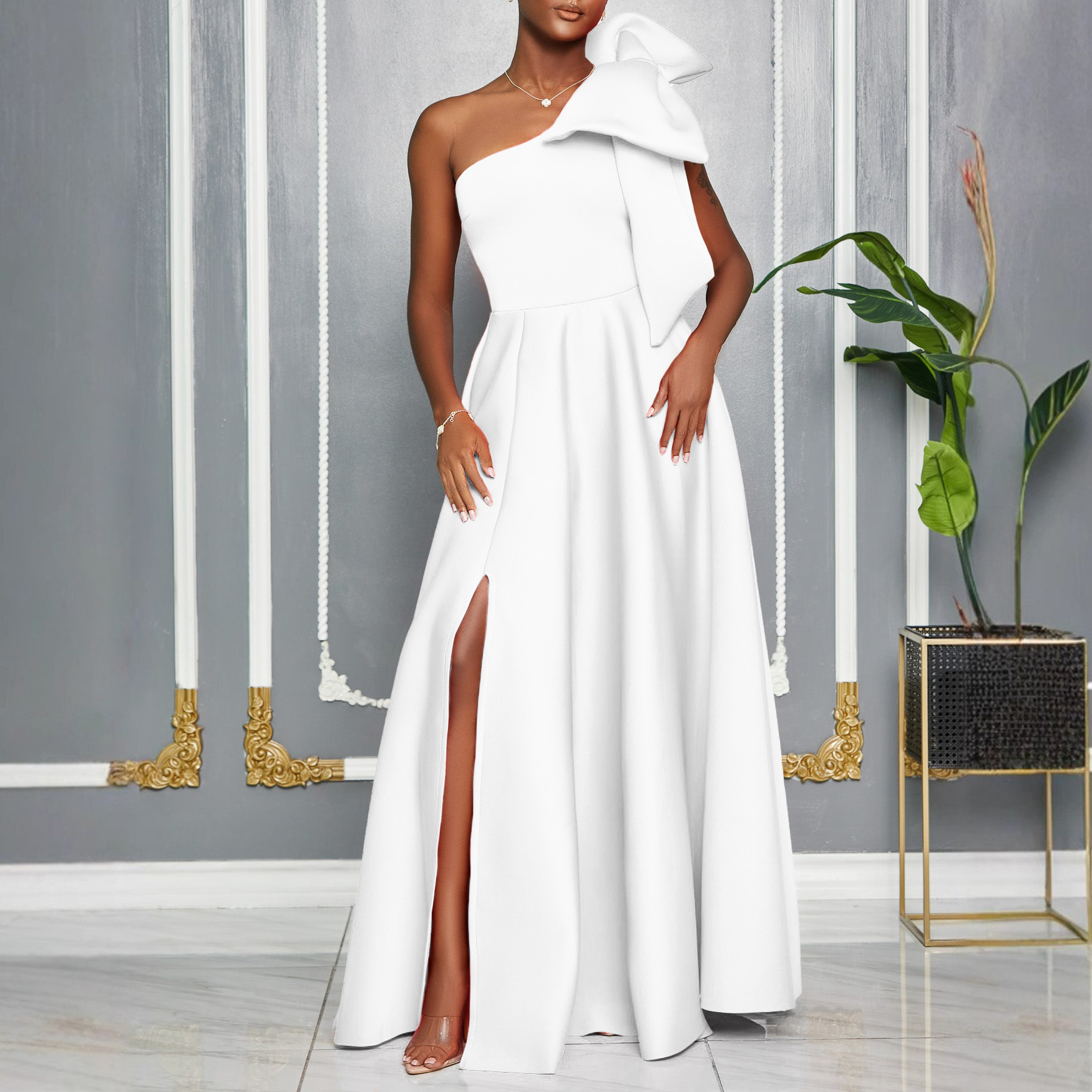 Women's One Shoulder Red Evening Dress With Bow, Elegant A-Line Maxi Gown For Wedding Guest, Prom & Formal Party_ecoleips.com
